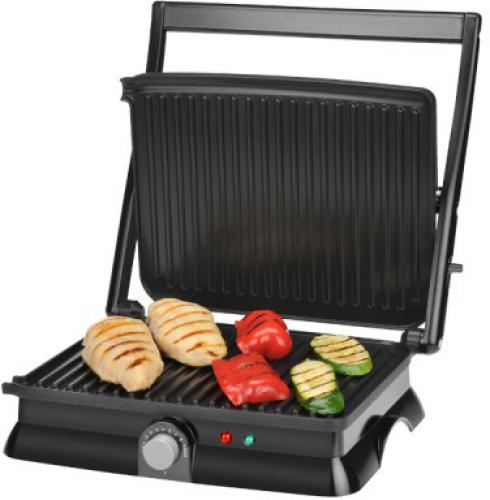 Kalorik FHG 30035 Stainless Steel Panini Maker and Grill; Large 4-slice cooking surface; Grill great tasting meats, chicken, fish, vegetables, sandwiches, and much more in minutes; Can be used as a panini press, contact grill, or griddle; Opens flat (180), doubling the cooking surface instantly; Height-adjustable back feet for slanted cooking surface allow grease to drain off for healthier eating; Includes a drip tray; UPC 877340001574 (FHG30035 FHG 30035)